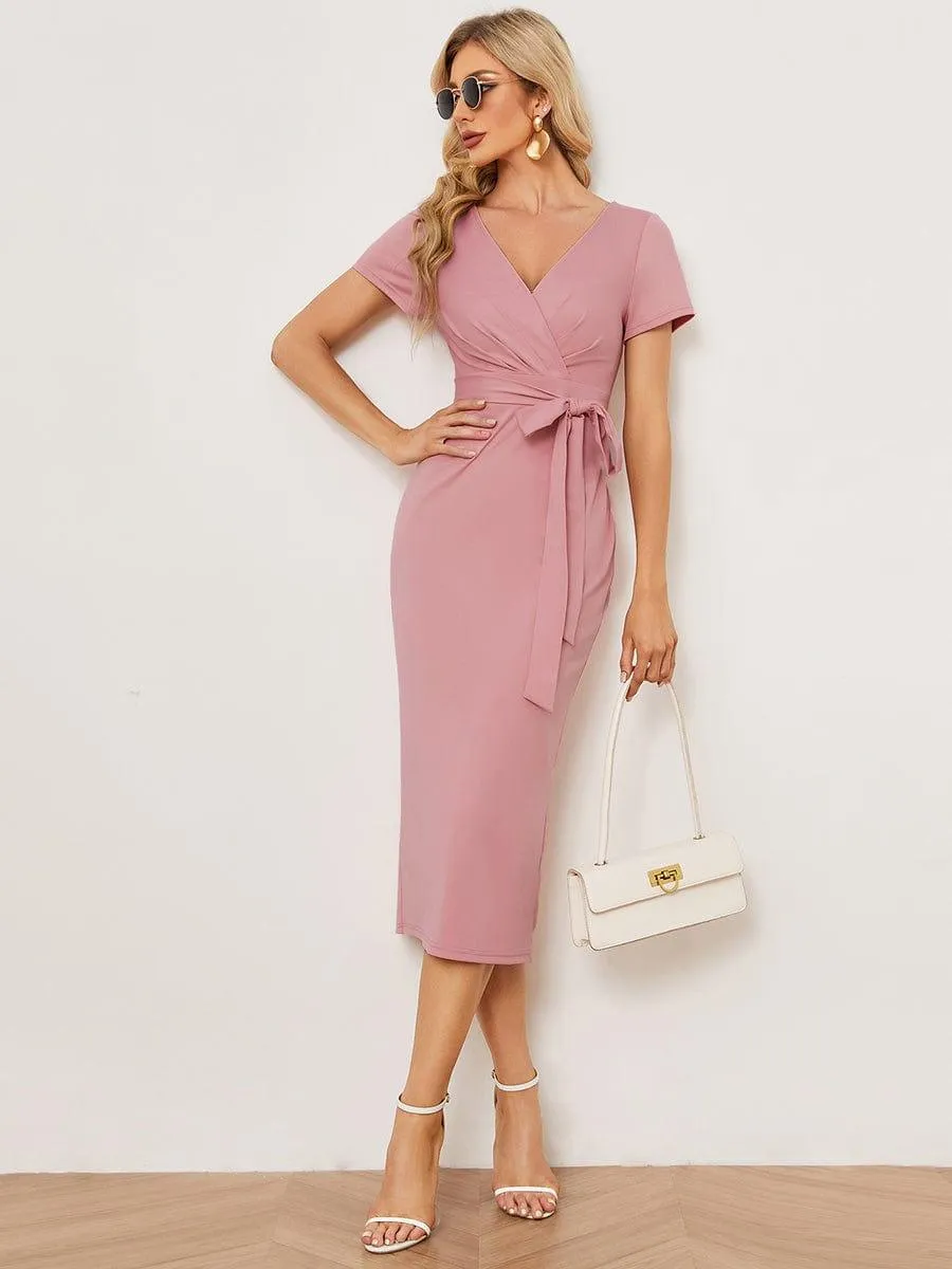 Robe décontractée fourreau à col en V et à taille nouée à manches courtes(Vente finale)