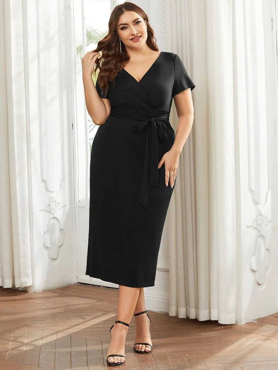 Robe décontractée fourreau à col en V et à taille nouée à manches courtes(Vente finale)