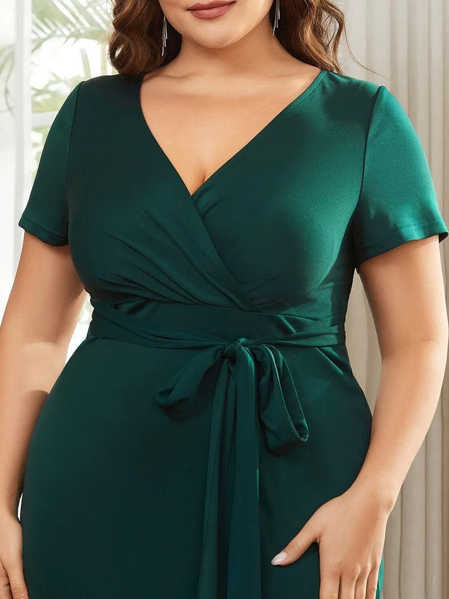 Robe décontractée fourreau à col en V et à taille nouée à manches courtes(Vente finale)