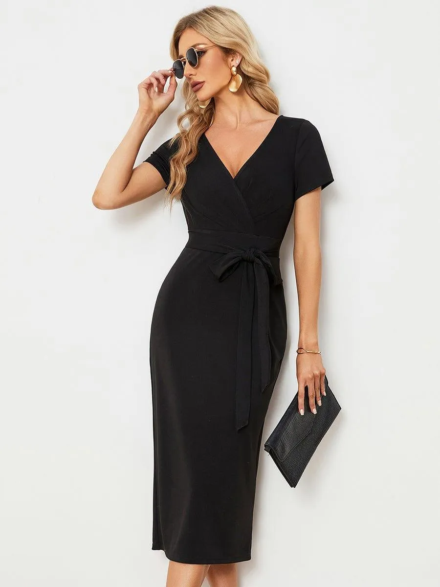 Robe décontractée fourreau à col en V et à taille nouée à manches courtes(Vente finale)
