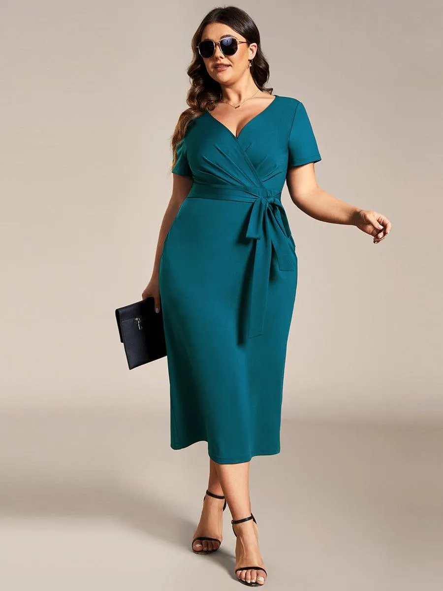 Robe décontractée fourreau à col en V et à taille nouée à manches courtes(Vente finale)