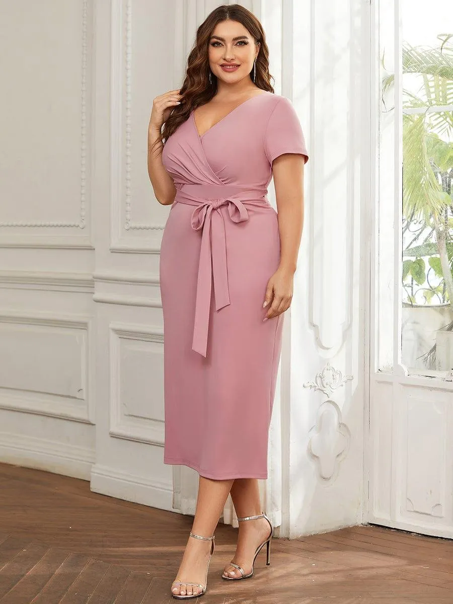 Robe décontractée fourreau à col en V et à taille nouée à manches courtes(Vente finale)