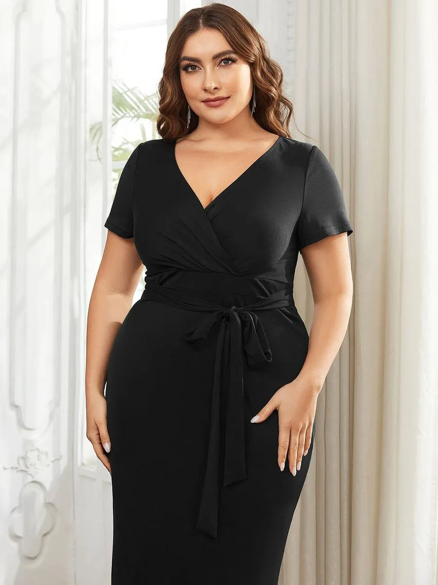 Robe décontractée fourreau à col en V et à taille nouée à manches courtes(Vente finale)