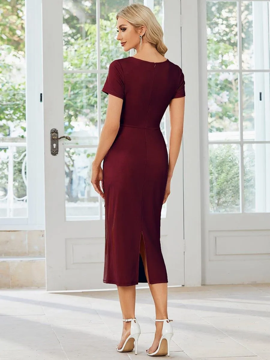 Robe décontractée fourreau à col en V et à taille nouée à manches courtes(Vente finale)