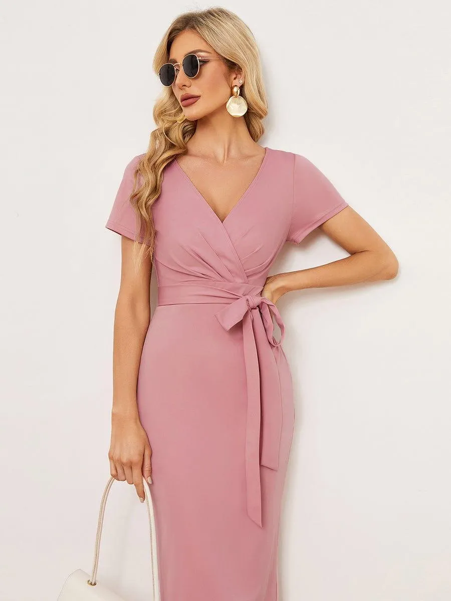 Robe décontractée fourreau à col en V et à taille nouée à manches courtes(Vente finale)