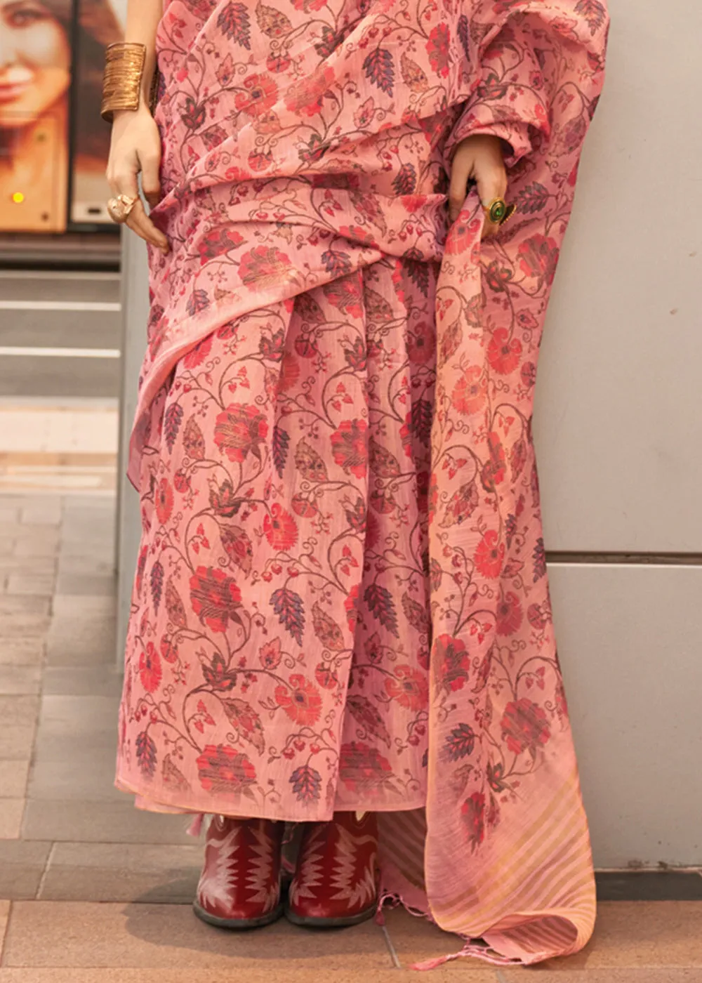 Rose Peach Printed Tissue Banarasi Silk Saree