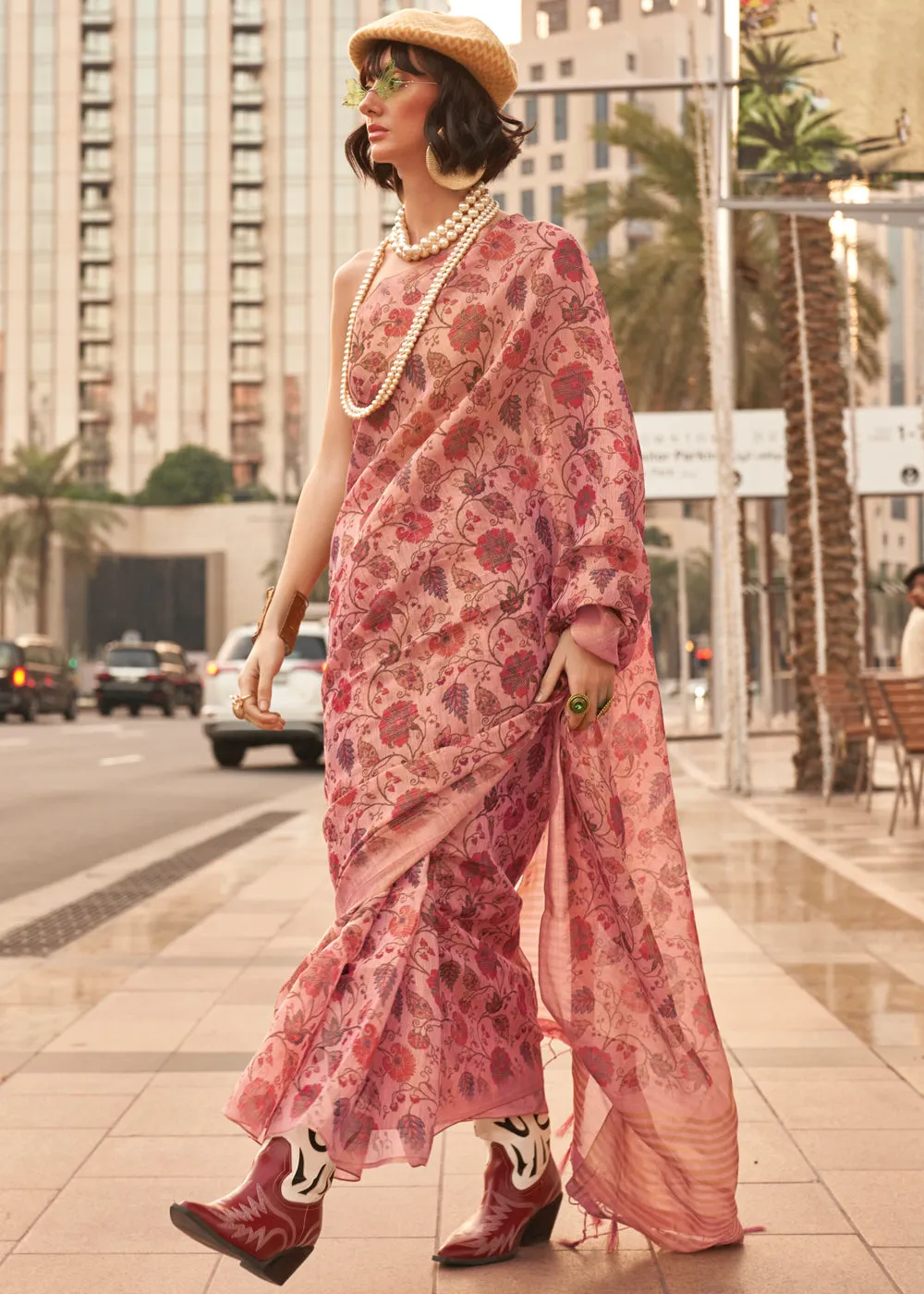 Rose Peach Printed Tissue Banarasi Silk Saree