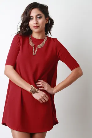 Round Neck Elbow Sleeves Mini Shift Dress