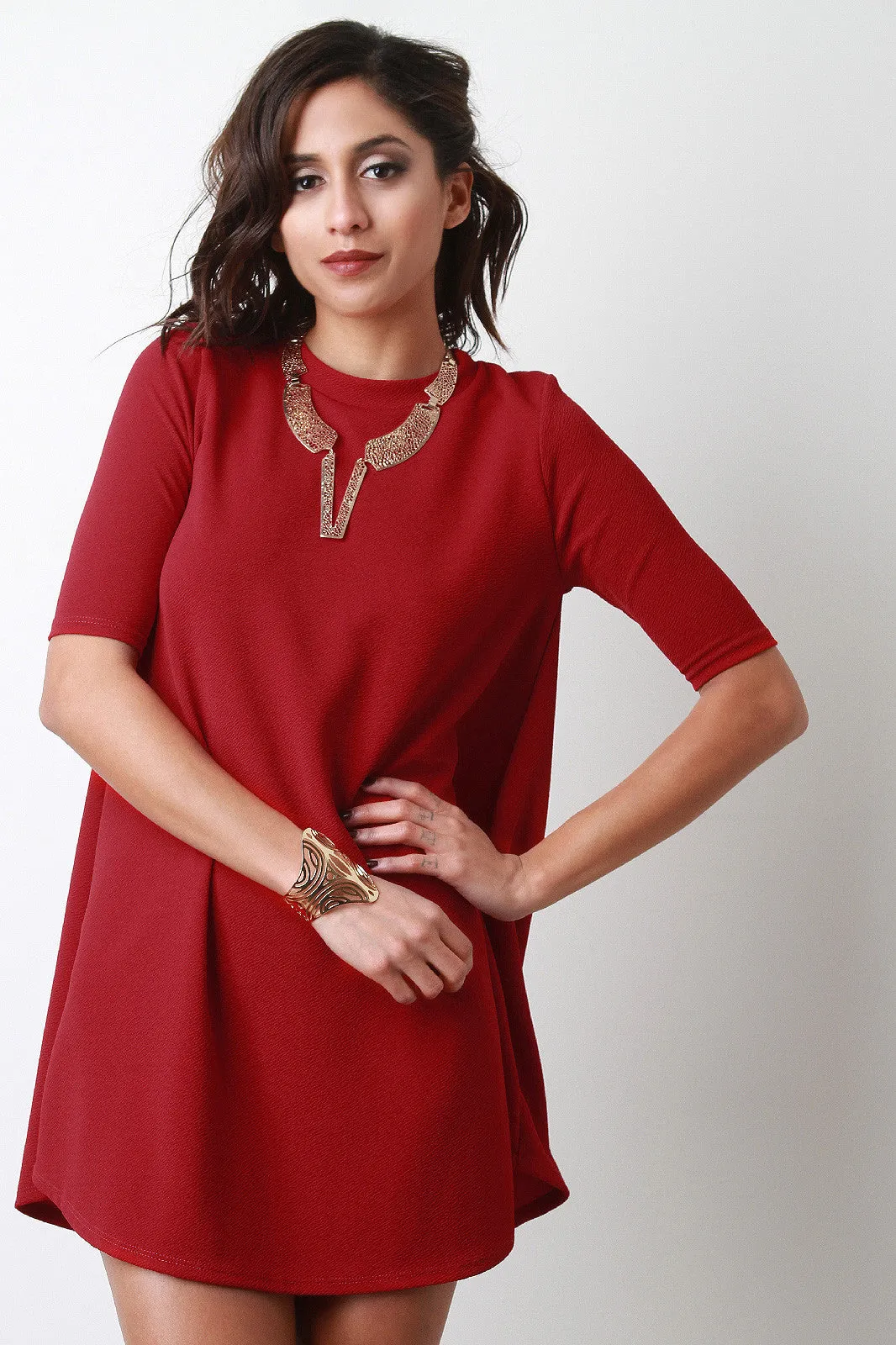 Round Neck Elbow Sleeves Mini Shift Dress