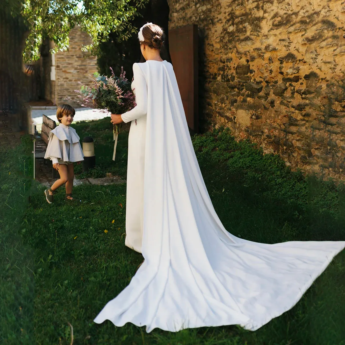 Round Neck Long Sleeves Satin Wedding Dress with Removable Cape Train Keyhole Back Buttons Column Satin Customized Bridal Gowns
