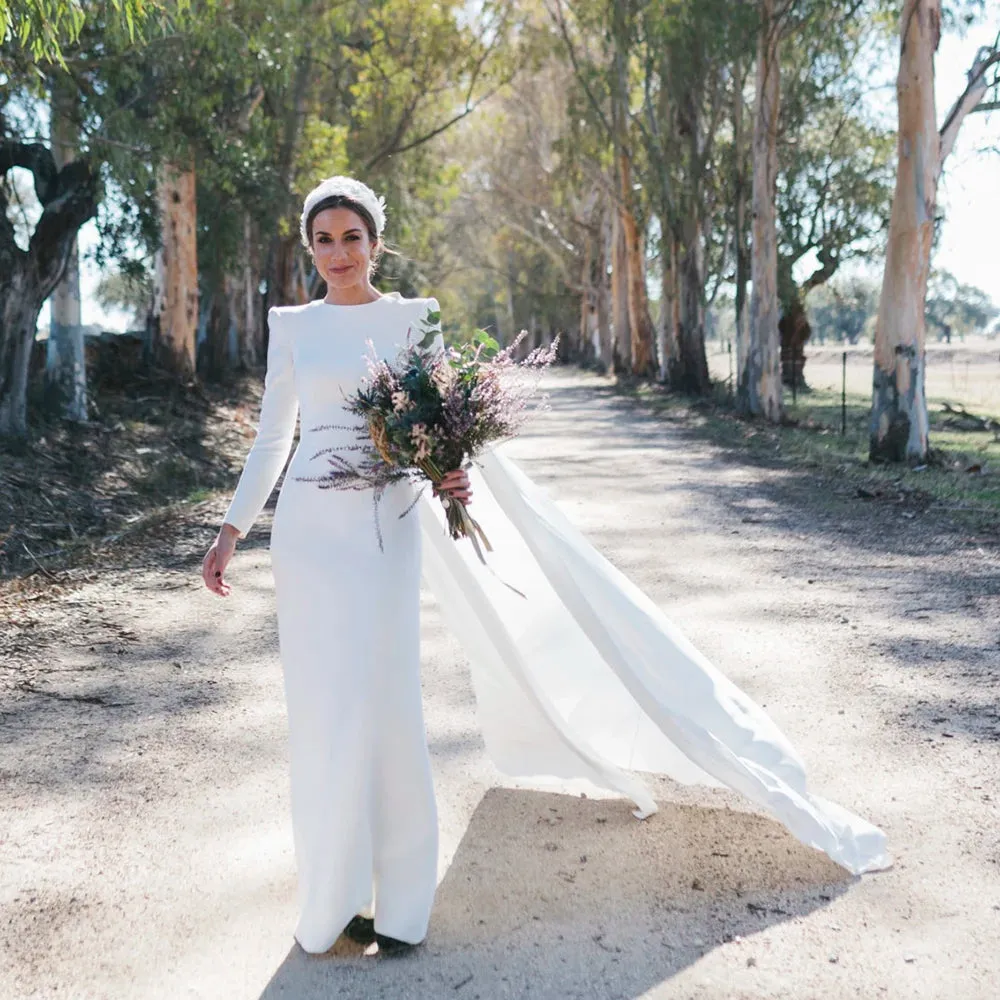 Round Neck Long Sleeves Satin Wedding Dress with Removable Cape Train Keyhole Back Buttons Column Satin Customized Bridal Gowns