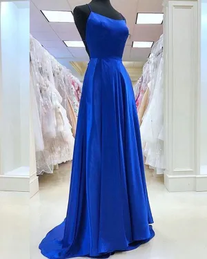 Royal Blue Elastic Satin Prom Dresses with Spaghetti Straps Sexy Long Prom Gowns for Party 2018 Fashion