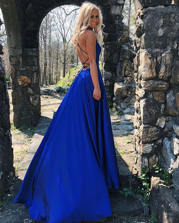 Royal Blue Elastic Satin Prom Dresses with Spaghetti Straps Sexy Long Prom Gowns for Party 2018 Fashion