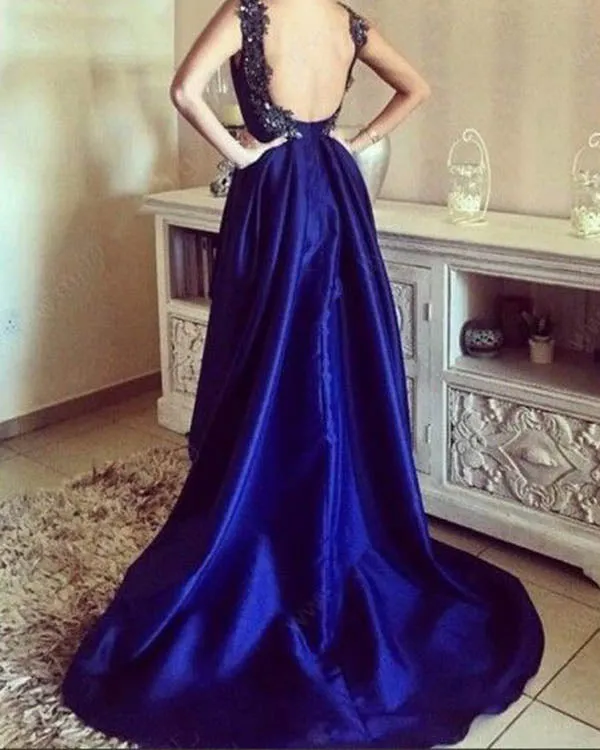 Royal Blue Satin Prom Dresses Square Neck Hi-Lo Long Prom Gowns Party Dress with Appliques Beaded
