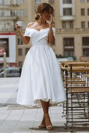 Roycebridal A-line Satin Off Shoulder Tea-Length Wedding Dresses, Wedding Gown, MW721