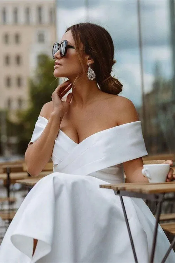 Roycebridal A-line Satin Off Shoulder Tea-Length Wedding Dresses, Wedding Gown, MW721