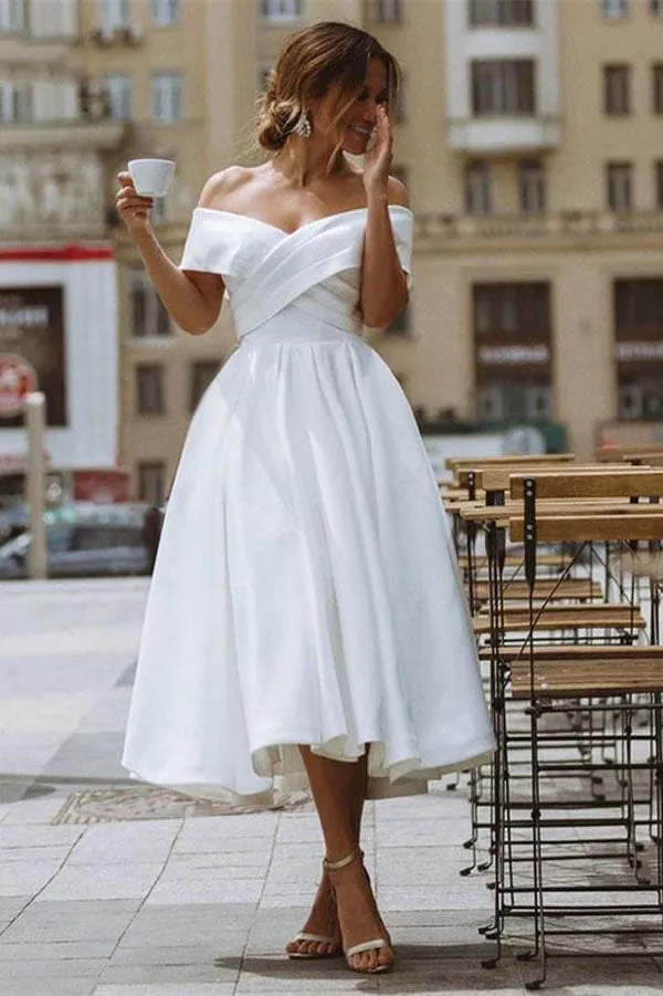 Roycebridal A-line Satin Off Shoulder Tea-Length Wedding Dresses, Wedding Gown, MW721