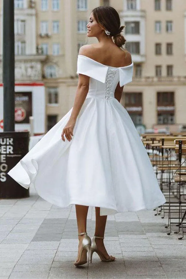 Roycebridal A-line Satin Off Shoulder Tea-Length Wedding Dresses, Wedding Gown, MW721