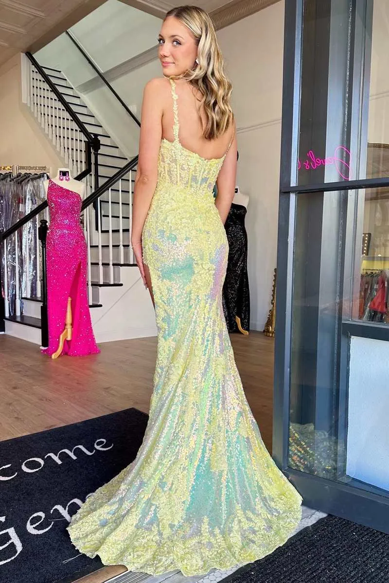 Roycebridal Chandler | Yellow Sequin Appliques Scoop Neck Mermaid Long Prom Dress with Slit