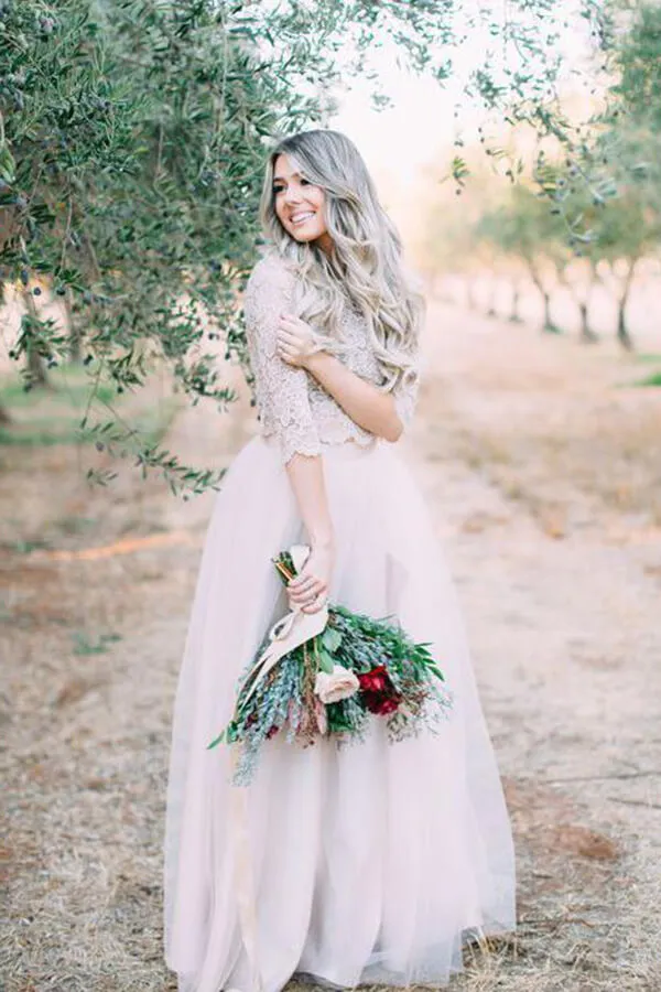 Roycebridal Ivory Two Pieces Long Sleeves Floor Length Rustic Wedding Dresses, MW1028