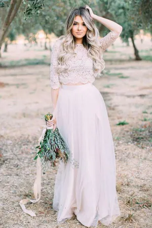 Roycebridal Ivory Two Pieces Long Sleeves Floor Length Rustic Wedding Dresses, MW1028