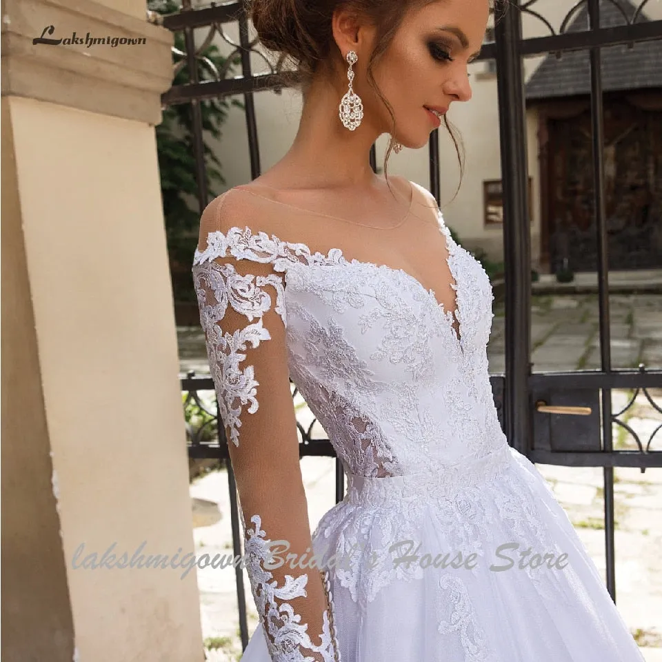 Roycebridal Lakshmigown Luxury A Line Wedding Dress 2 in 1 with Sleeves Lace Bridal Gown Vestido de Noiva Sexy Princess Tulle Wedding Gowns