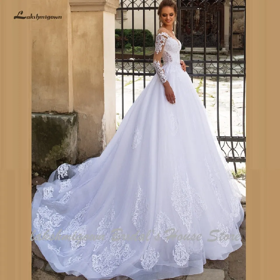 Roycebridal Lakshmigown Luxury A Line Wedding Dress 2 in 1 with Sleeves Lace Bridal Gown Vestido de Noiva Sexy Princess Tulle Wedding Gowns