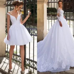 Roycebridal Lakshmigown Luxury A Line Wedding Dress 2 in 1 with Sleeves Lace Bridal Gown Vestido de Noiva Sexy Princess Tulle Wedding Gowns
