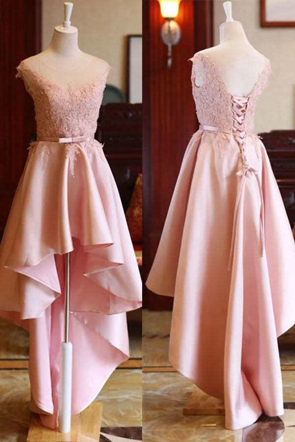 Roycebridal Pink High Low Scoop Lace Up Mid Back Satin Sleeveless Prom Dresses