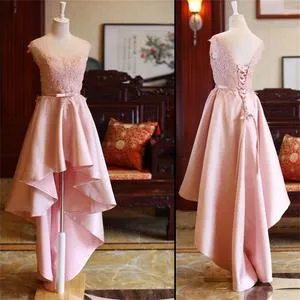 Roycebridal Pink High Low Scoop Lace Up Mid Back Satin Sleeveless Prom Dresses