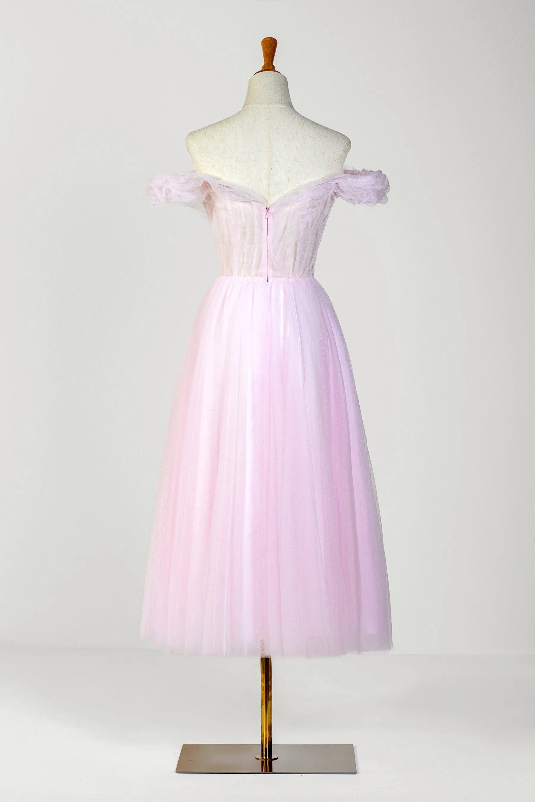 Roycebridal Sweetheart Neck Off the Shoulder Tea Length Tulle Prom Dress