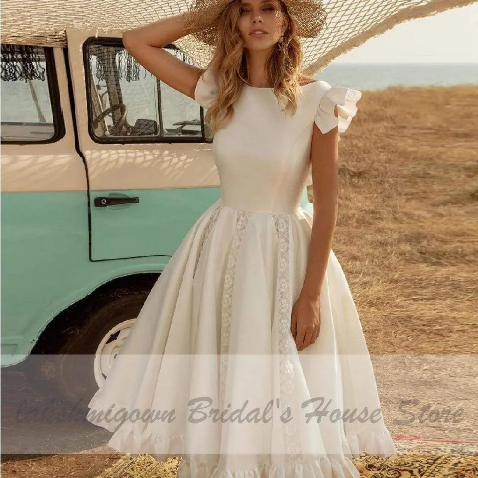 Roycebridal Vintage Satin Wedding Dress Tea Length Summer Beach