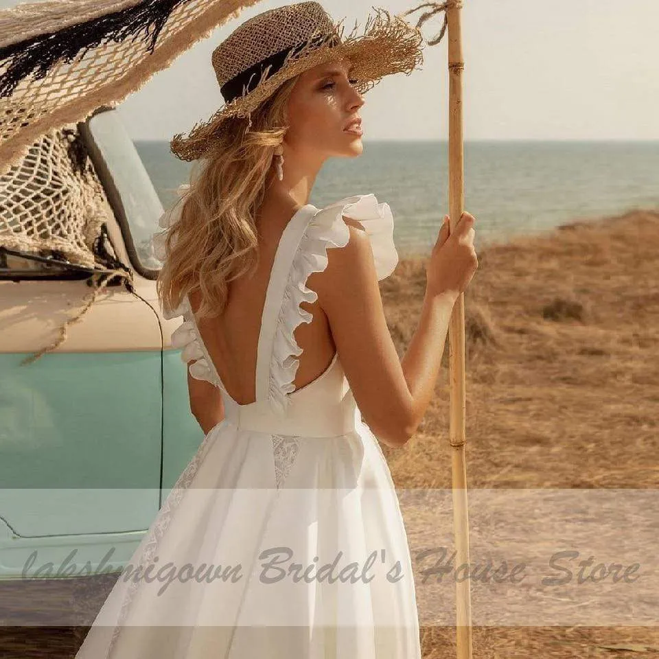 Roycebridal Vintage Satin Wedding Dress Tea Length Summer Beach