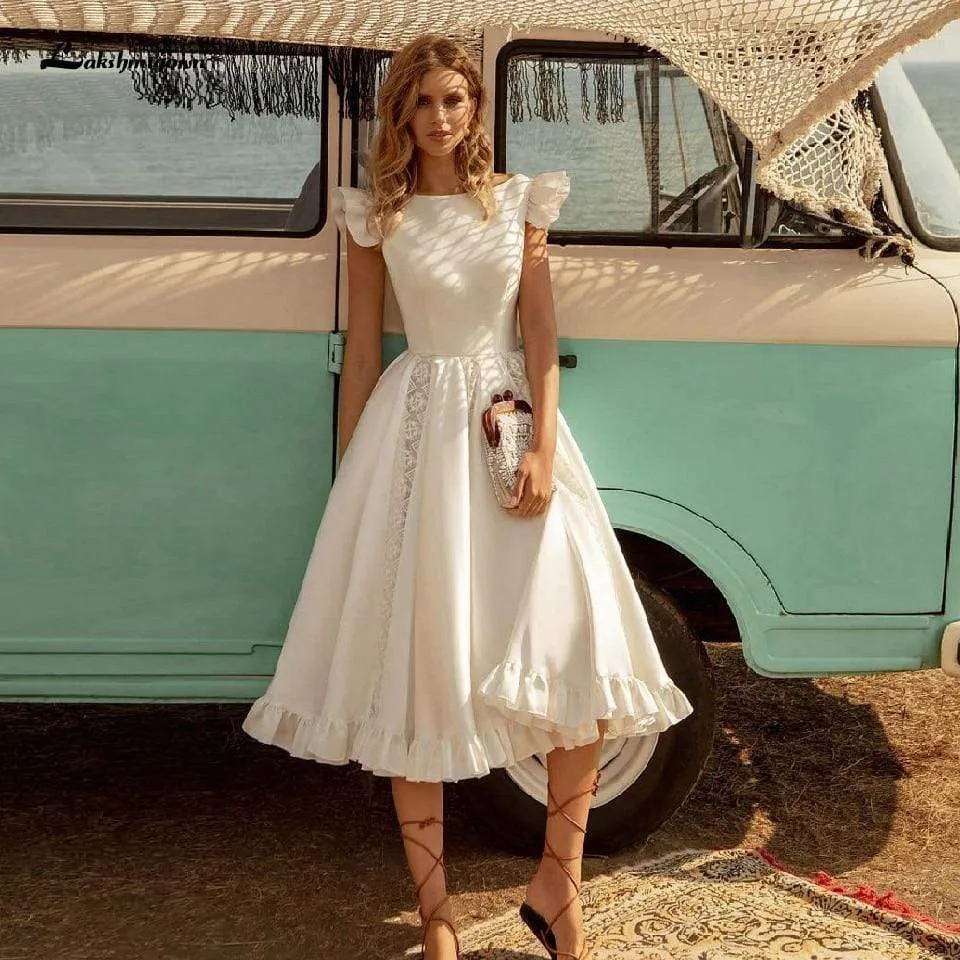 Roycebridal Vintage Satin Wedding Dress Tea Length Summer Beach