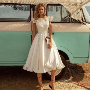 Roycebridal Vintage Satin Wedding Dress Tea Length Summer Beach