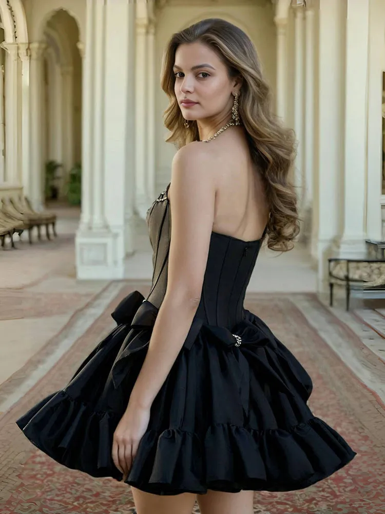 Ruffles Black Sleeveless Homecoming Dresses with Bowknot