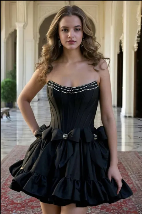 Ruffles Black Sleeveless Homecoming Dresses with Bowknot