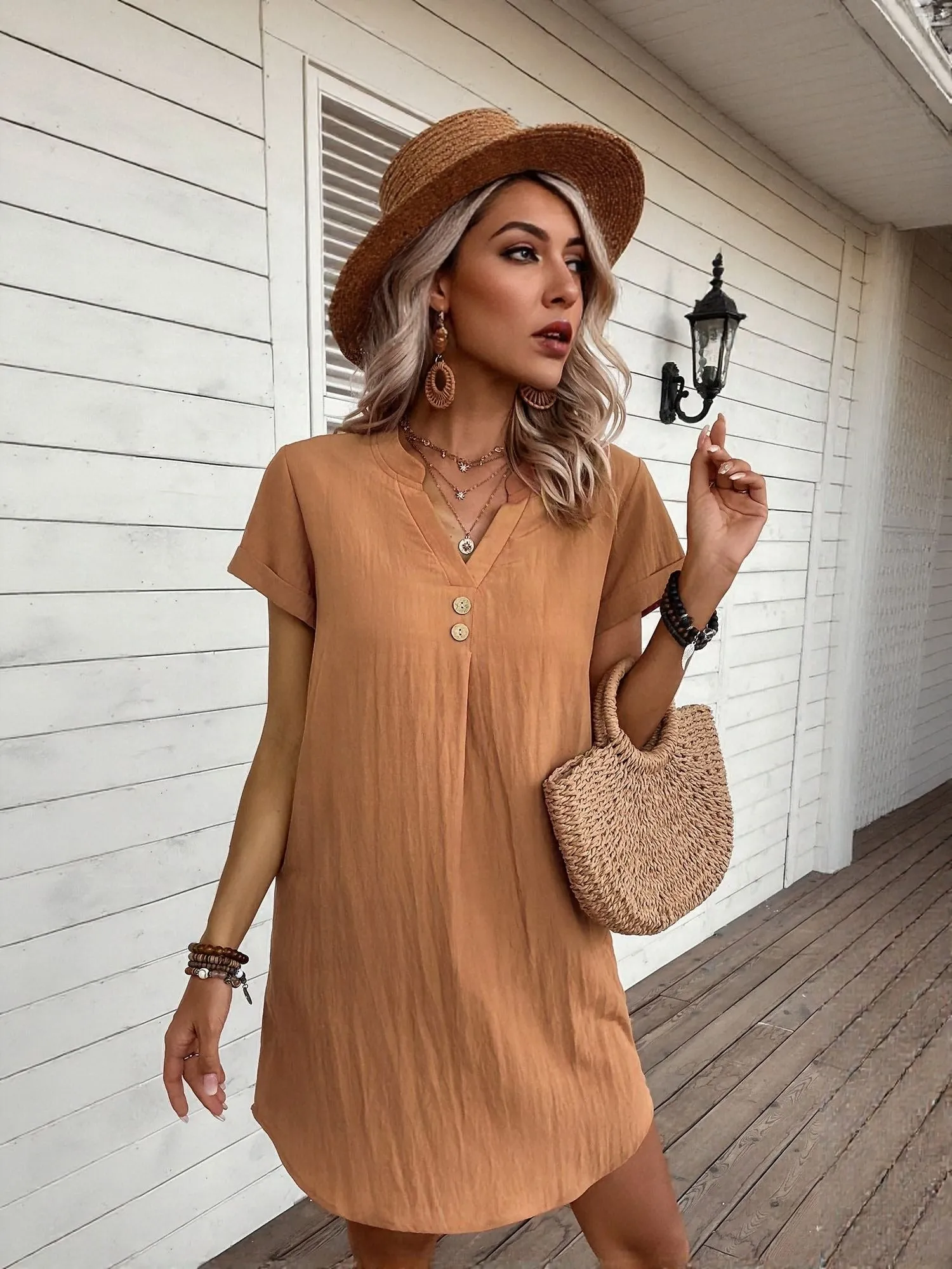 Rust Short Sleeve Shift Dress