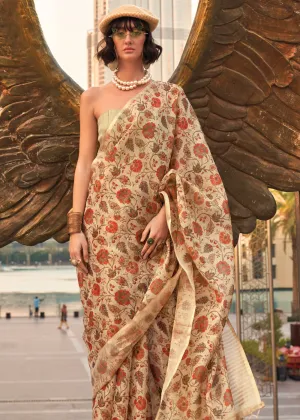 Safari Beige Printed Tissue Banarasi Silk Saree
