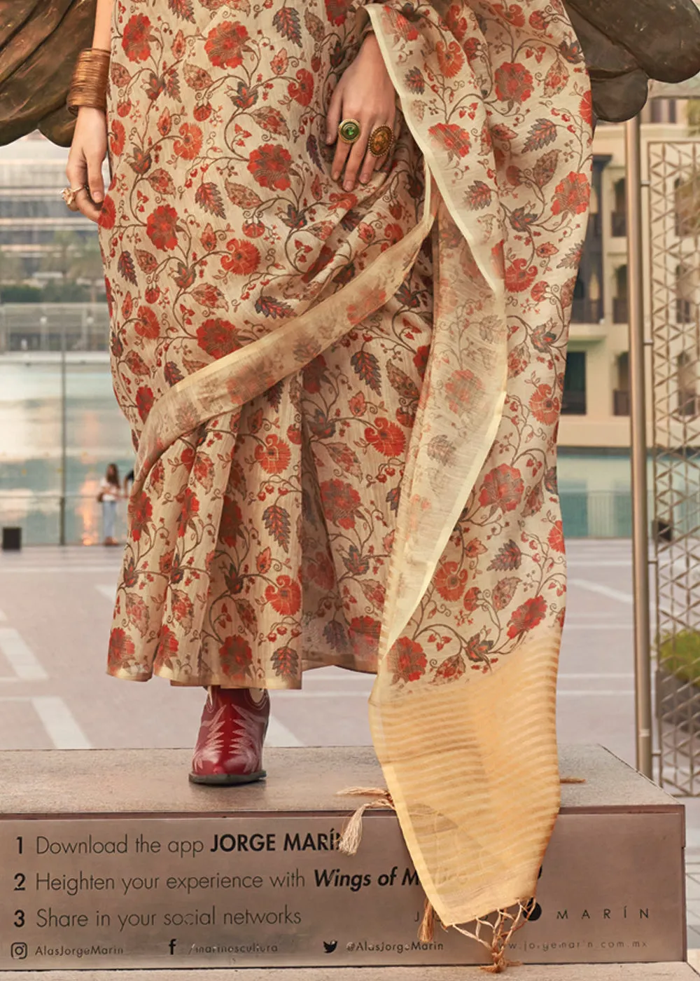 Safari Beige Printed Tissue Banarasi Silk Saree