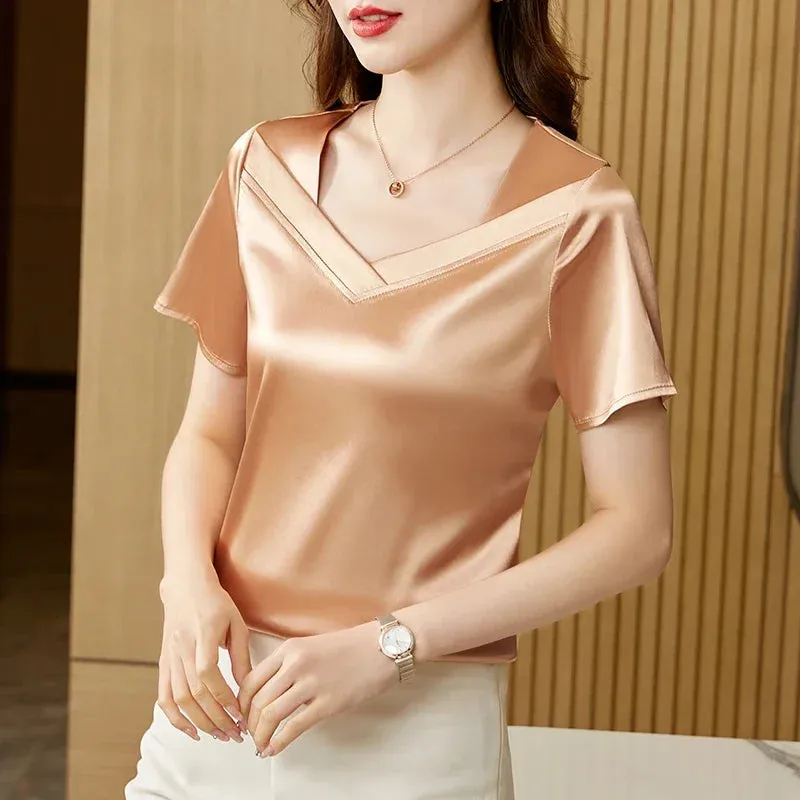 Satin Blouse Women Tops Fashion V-Neck Short Sleeve Blouses Suit Bottom Shirt Silk Vintage