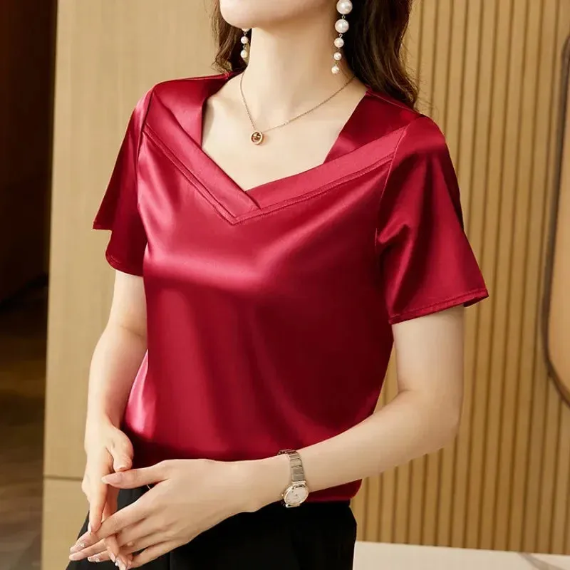 Satin Blouse Women Tops Fashion V-Neck Short Sleeve Blouses Suit Bottom Shirt Silk Vintage