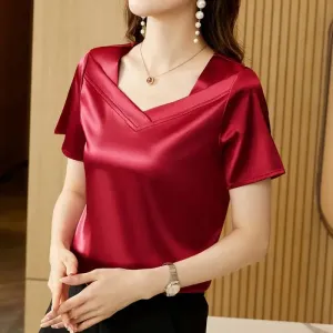Satin Blouse Women Tops Fashion V-Neck Short Sleeve Blouses Suit Bottom Shirt Silk Vintage