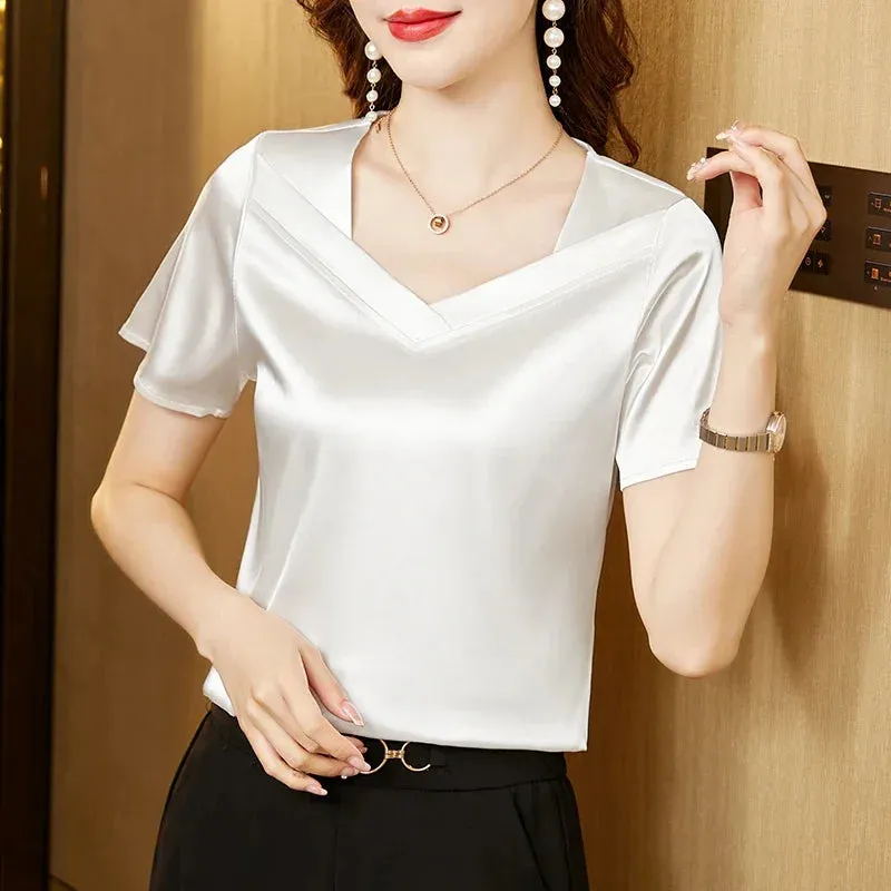 Satin Blouse Women Tops Fashion V-Neck Short Sleeve Blouses Suit Bottom Shirt Silk Vintage