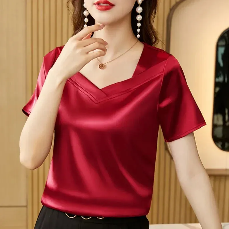 Satin Blouse Women Tops Fashion V-Neck Short Sleeve Blouses Suit Bottom Shirt Silk Vintage