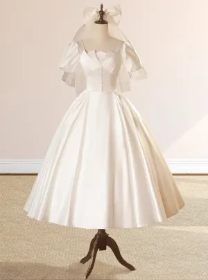 Satin Square Neck Short Sleeve Lace Up Wedding Dresses