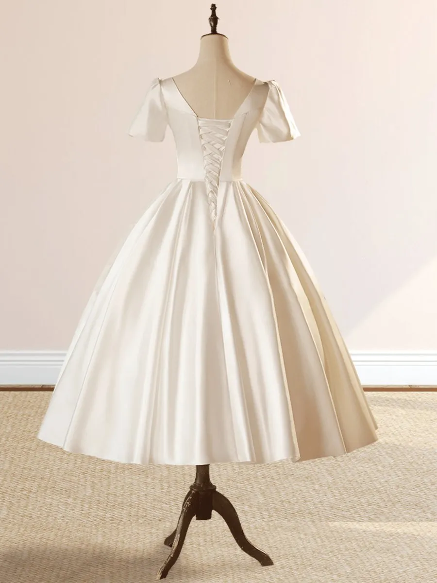 Satin Square Neck Short Sleeve Lace Up Wedding Dresses