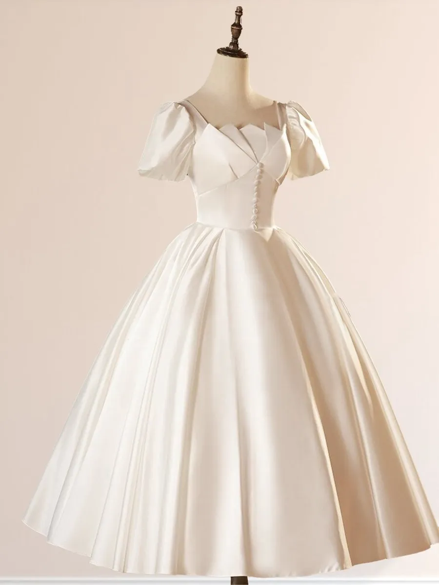 Satin Square Neck Short Sleeve Lace Up Wedding Dresses