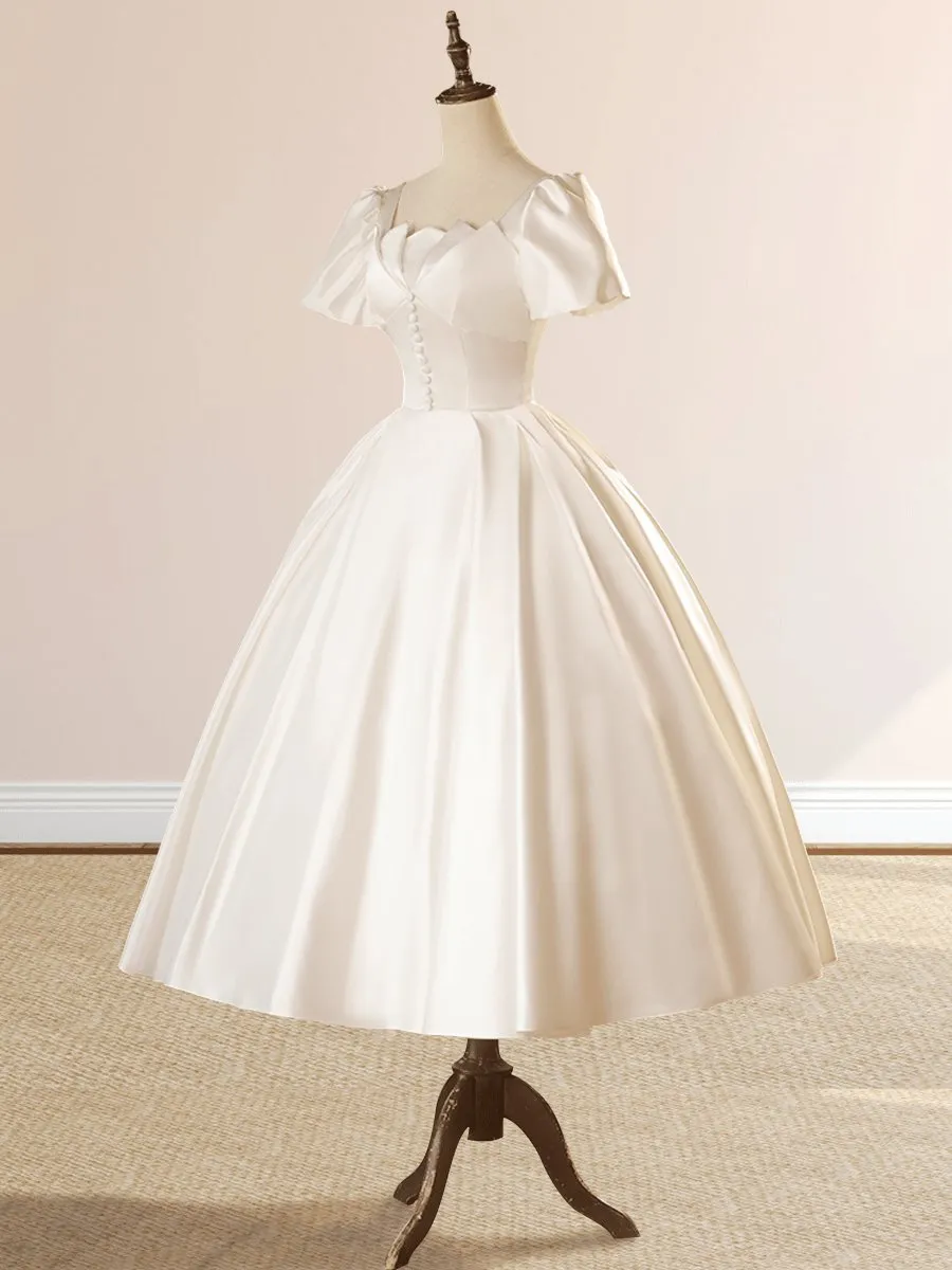 Satin Square Neck Short Sleeve Lace Up Wedding Dresses
