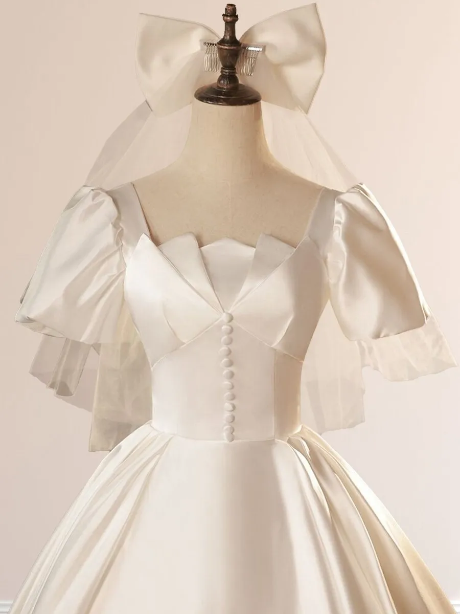 Satin Square Neck Short Sleeve Lace Up Wedding Dresses